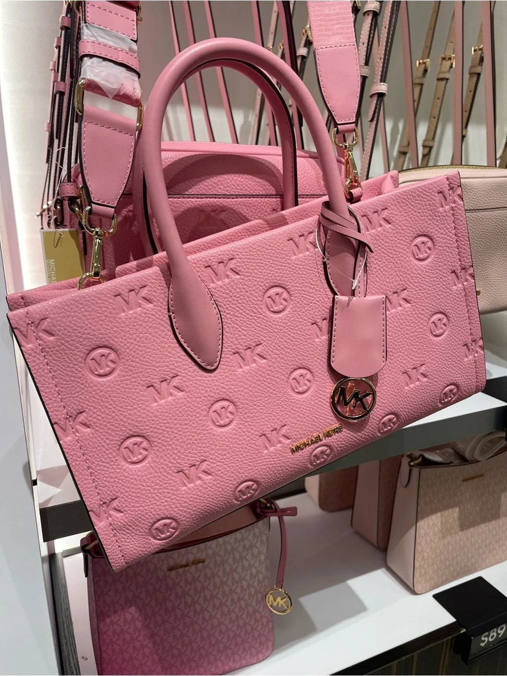MICHAEL KORS Mirella Md EW Top Zip Logo Debossed Satchel Shoulder Carnation NWT